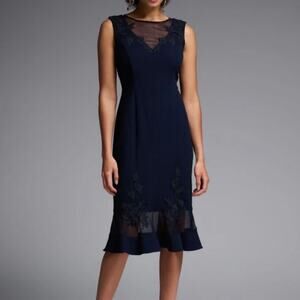 Adrian Mattox Mesh Lace Mermaid Midi Cocktail Dress Women's Size 10 Ink Navy